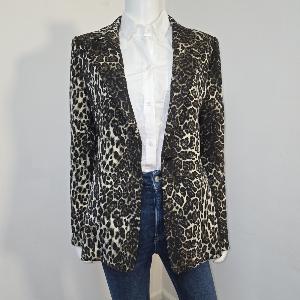 Alice + Olivia Toby Leopard Animal Print Stretch Blazer Jacket Size 6 40" Chest